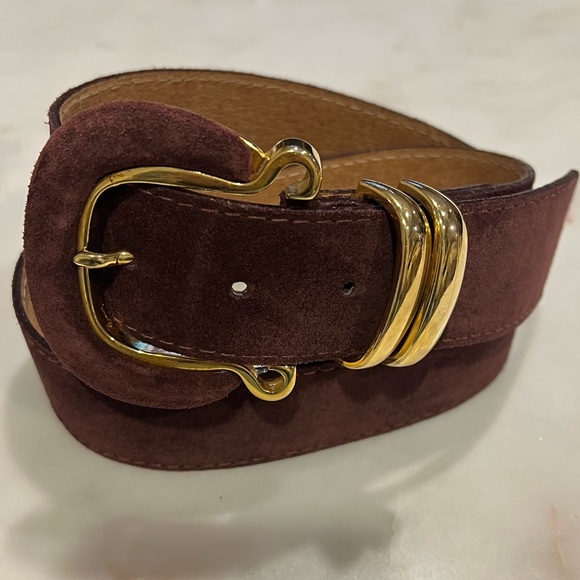 Vintage Accessories - Vintage Enrico International Burgundy Suede Belt with Gold Buckle – Size S/M